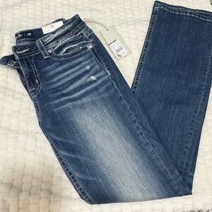 Miss Me Medium Blue Boot Cut Jeans with White Embroidery